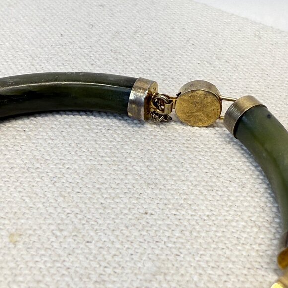 Nephrite Jade Circular Panel Bracelet Vintage Gold-Tone Chinese Symbols - Picture 9 of 10